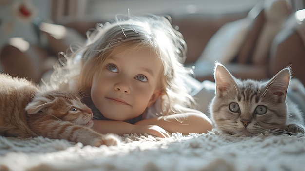 Adorable Young Girl Enjoying Playtime with Beloved Pets in Cozy Household