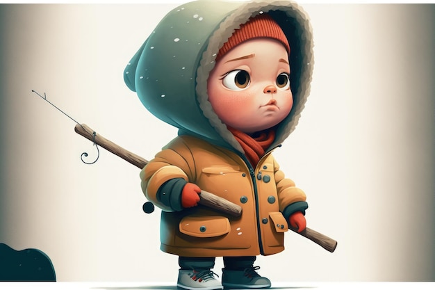 An adorable youngster clutching a fishing rod in a wintertime cartoon icon artwork