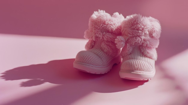 Photo adorably cozy pink baby boots sit on a pastel surface casting gentle shadows in the soft sunlight