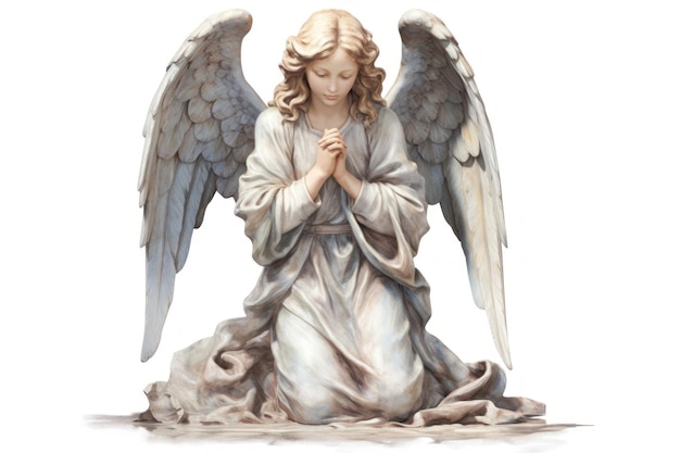 Adoring kneeling angel statue adult white background representation