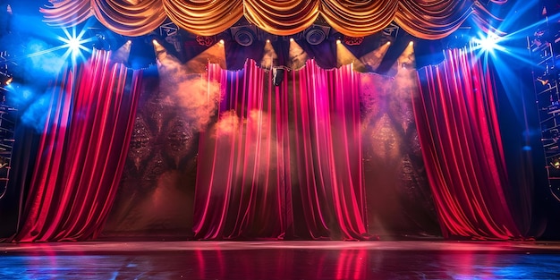 Adorned with red and gold curtains and spotlights the theater stage awaits Concept Theater Stage Red and Gold Curtains Spotlights Performance Art