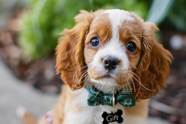 Adorning A Playful Puppys Collar With A PresentWrapped Surprise