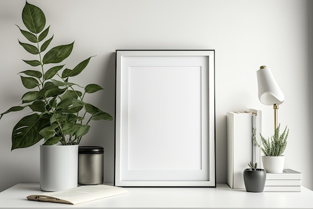 Adorning a white wall with a blank frame and copy space