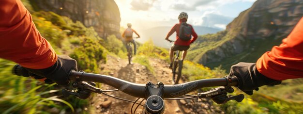 Photo adrenaline rush mountain biker capturing thrill of extreme sport showcasing motion blur to emphasize speed excitement set against a backdrop of natural beauty perfect for adventure enthusiasts