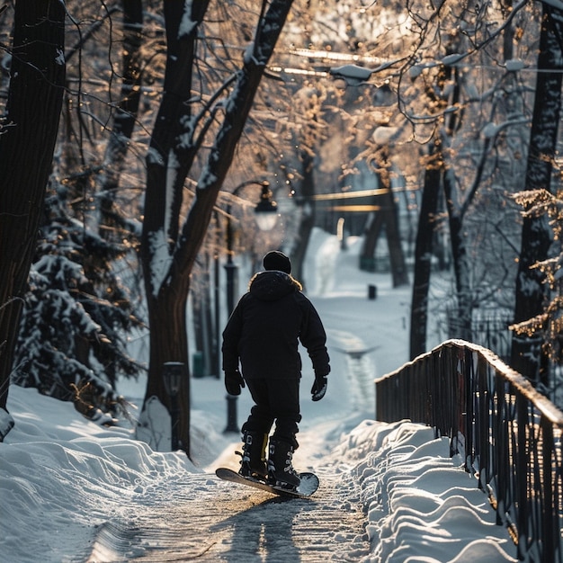 Adrenalinepumping snowboarding on urban sidewalks