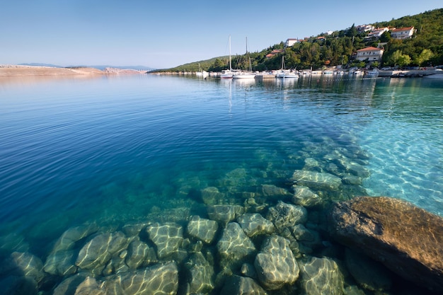 Adriatic coast in Dalmatia Croatia Stones and sea algae under water peninsula with marina and holiday homes Jadranovo village by Rijeka Primorje Gorski Kotar region