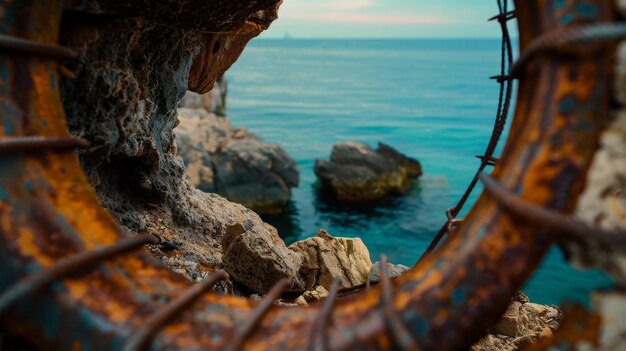 Adriatic coastline viewed uniquely through a thick wire cylinder at a construction site focus at ir