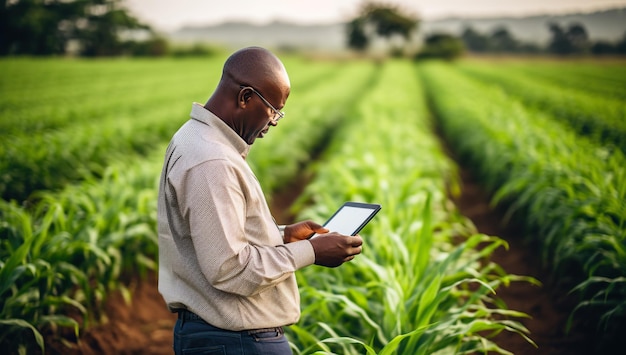 An adult African man with glasses is using a tablet in a field of tall green plants