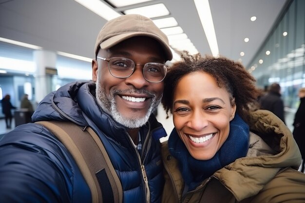 An adult afro couple at the airport takes a selfie before departure anticipation of the flight