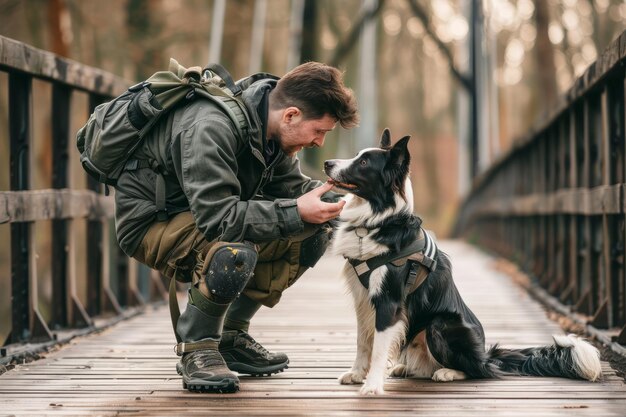 Photo an adult athlete with an amputated arm bends down to pet his dog on an outdoor bridge