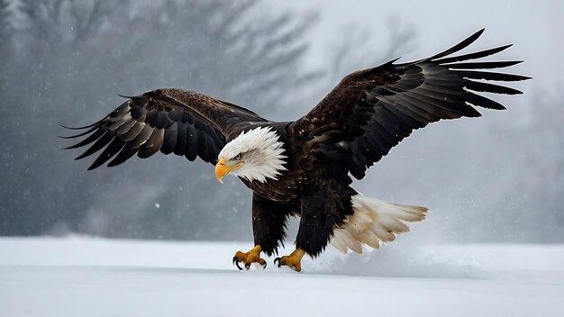 Adult Bald Eagle flight in storm Winter landscape