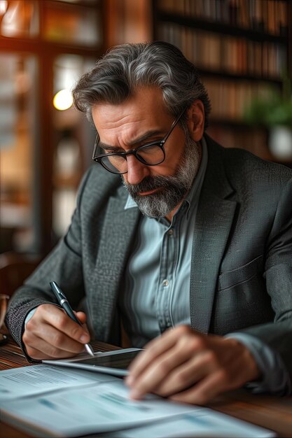 Adult businessman working with same documents in office