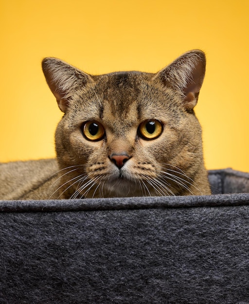 Adult cat lies in a gray felt bed on a yellow background. The animal is resting and looking