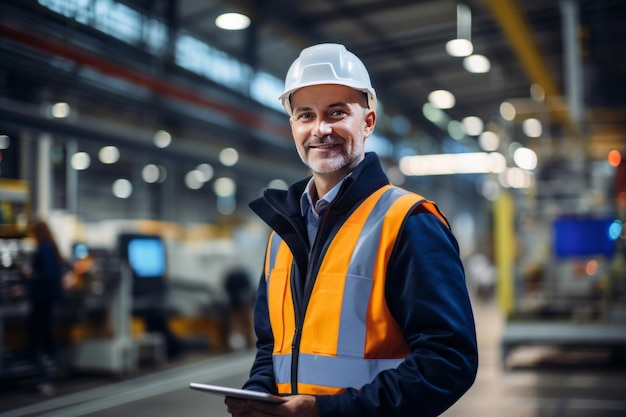 Adult cheerful male engineer with a beard technician or factory worker Confident mature man in protective helmet and vest operates complex industrial equipment setting up machines