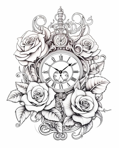 Adult Clock and Roses Coloring Pages