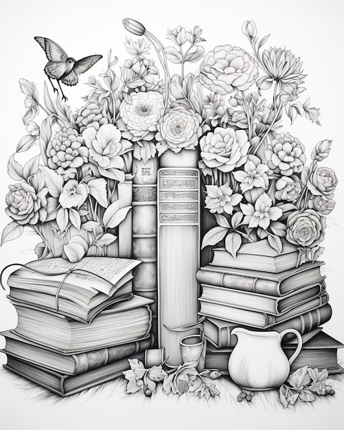 Photo adult coloring book in bibliographic style