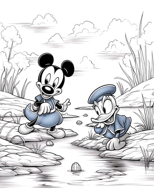 Photo adult coloring book page micky mouse and donald