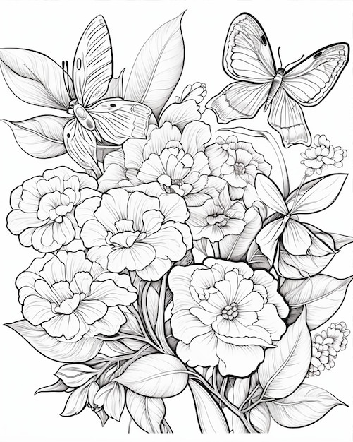 Photo adult coloring page flowers leaves butterfly