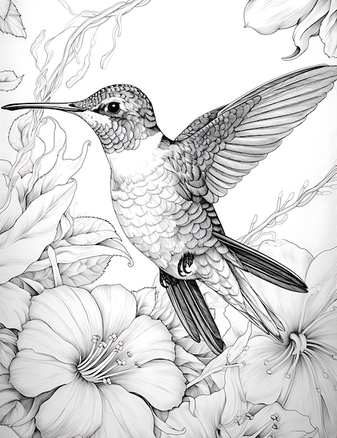 Adult Coloring Page Nature Exotic Hummingbird Scene