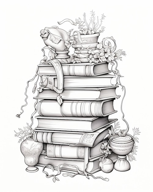 Adult Coloring Page with a Book Stack