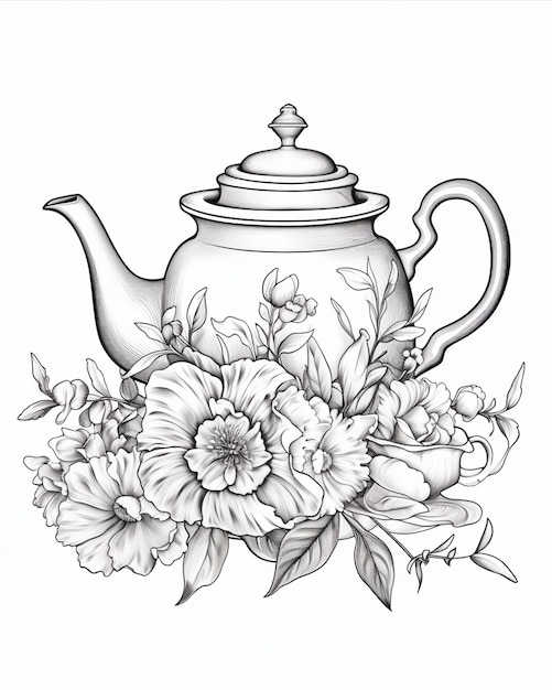 Adult Coloring Page with Teapot and Flowers