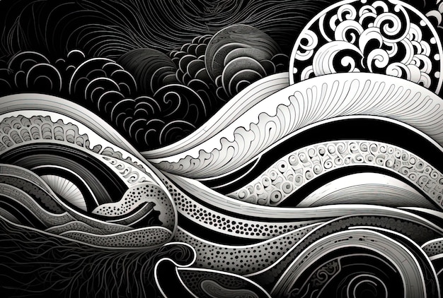 adult coloring pages on black and white with swirls in the style of wavy lines and organic shapes