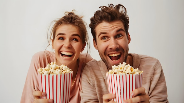 adult couple boyfriend and girlfriend watch movie with popcorn at home isolated on white