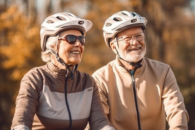 Adult couple of old people wearing protective helmet together pensioners active lifestyle