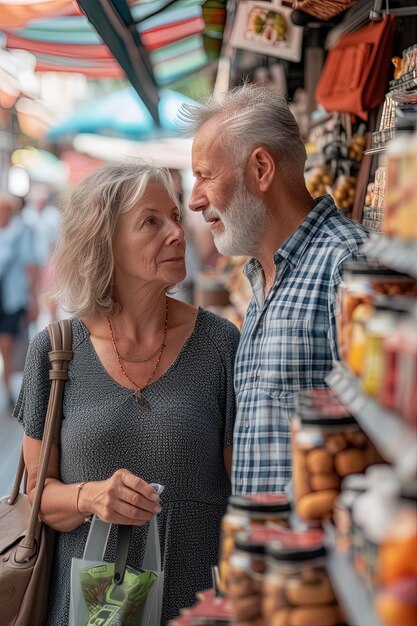 Adult couple strolling through a street market during summer vacation