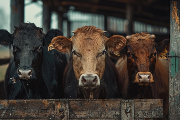 Adult cows standing in a stall on a farm