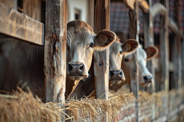 Photo adult cows standing in a stall on a farm