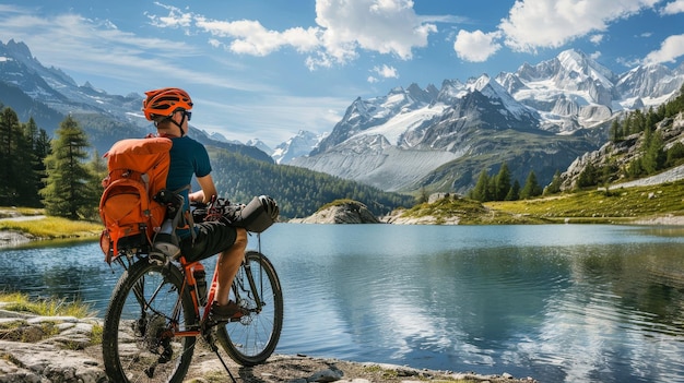 Photo adult cyclist resting by a lakeside during a longdistance bike tour