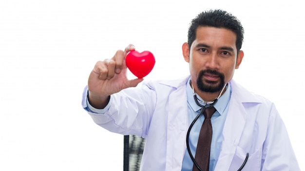 Adult Doctor with stethoscope holding the red heart.