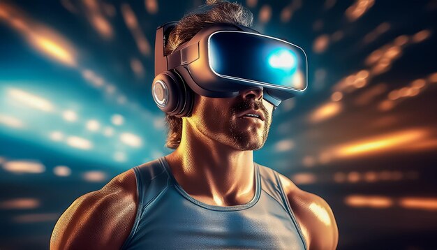 Photo adult doing fitness through virtual reality