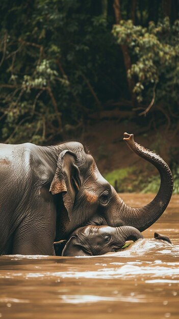 An adult elephant and a baby elephant enjoying