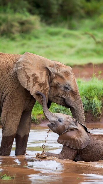 An adult elephant and a baby elephant enjoying