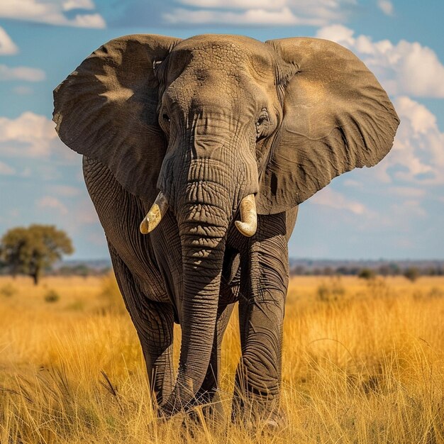 Adult elephant strolls through a serene pasture