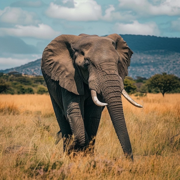 Adult elephant strolls through a serene pasture