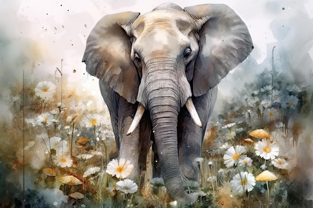 Adult elephant walking on a field of daisies Generative AI