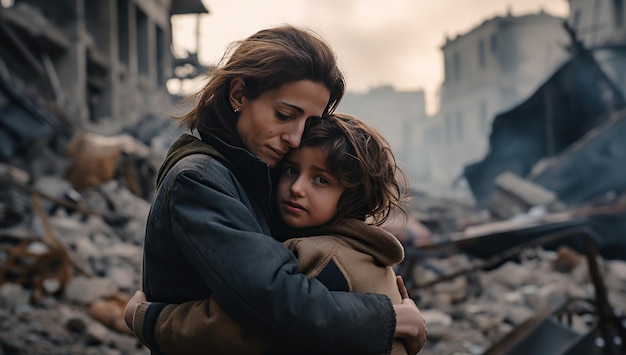 An adult European brunette is embracing a darkhaired teenager against the backdrop of destroyed buildings The concept of wars and destruction