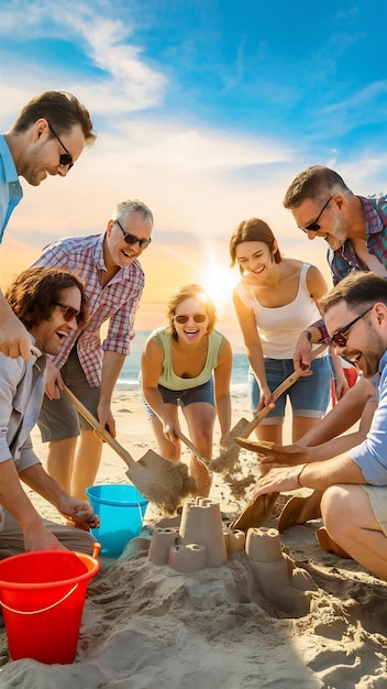 Photo adult friends digging on beach