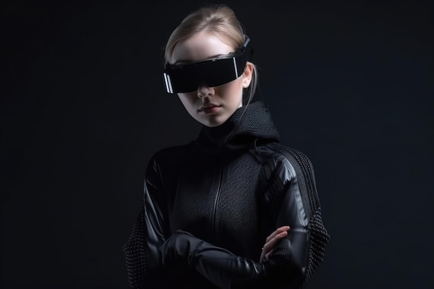 Adult girl wearing futuristic glasses and black clothes on dark background generative AI