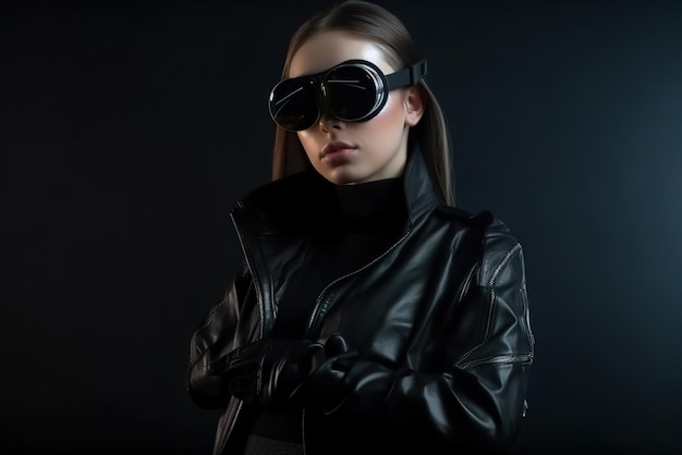 Adult girl wearing futuristic glasses and black clothes fashion style generative AI