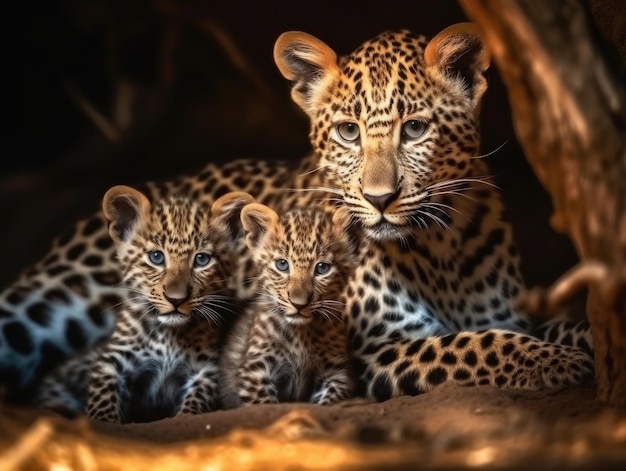 Adult Leopard with babies generative AI