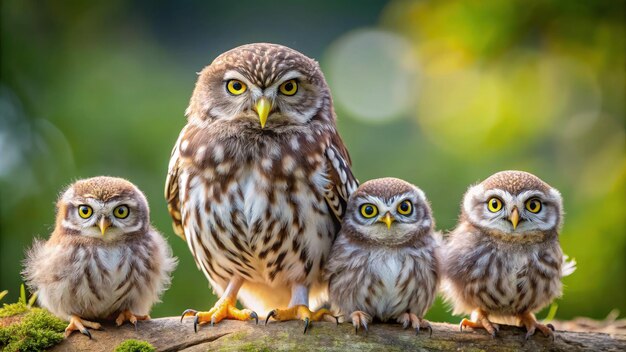 Photo adult little owl with four fluffy chicks in a natural setting during daylight generative ai