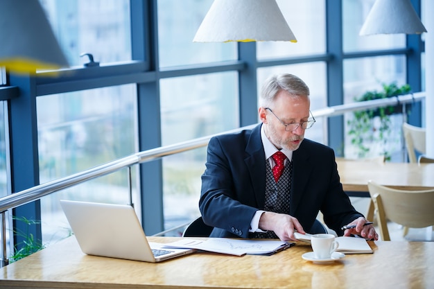 Adult male mentor, director, businessman in glasses and a suit studying documents while sitting at the table. Working day concept