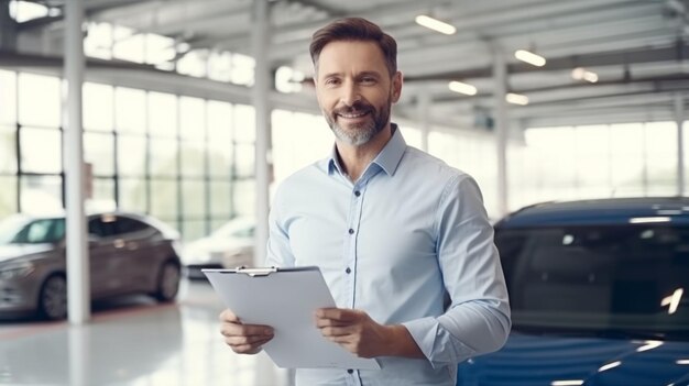 Photo an adult male sales consultant wears a shirt holds documents and papers in his hands against the background of various cars in a car dealership