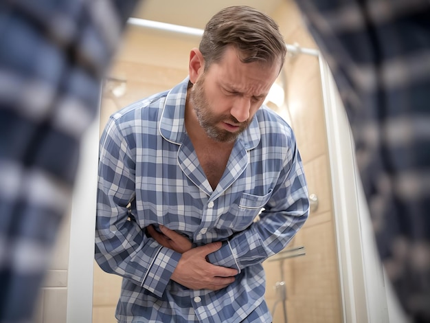 Photo adult male with abdominal pain and diarrhea in his bathroom