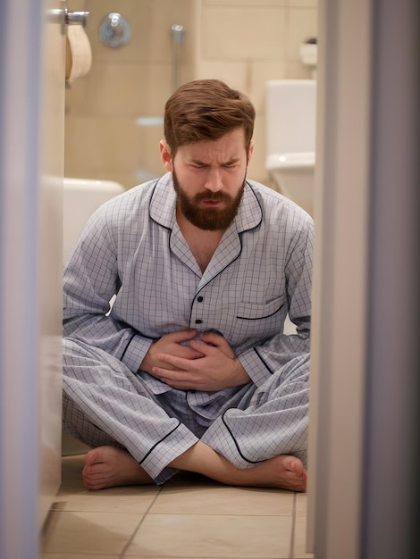 Photo adult male with abdominal pain and diarrhea in his bathroom