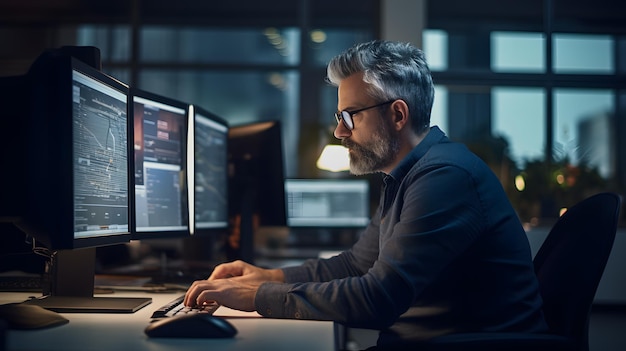 Adult man works as a programmer writes code in the office